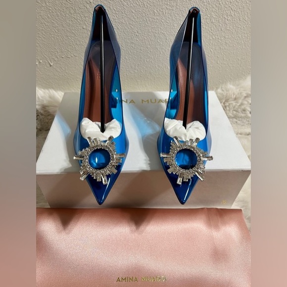 New Amina Muaddi Begum Glass Blue 95mm Pvc Pumps - Picture 3 of 10